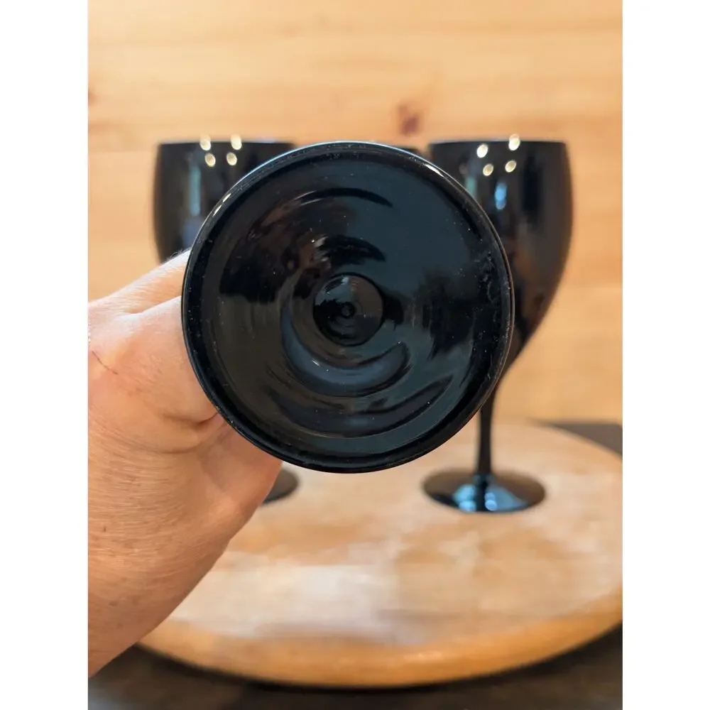 Set of 4 Vintage Black Fine Glass Water Goblets - 8